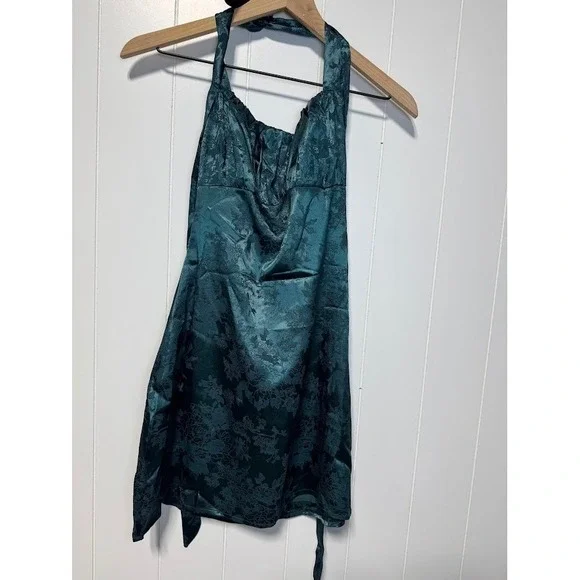 Lulus Exquisite Emerald‎ Green Floral Burnout Halter Lace Up Mini Dress Size S - Picture 2 of 9